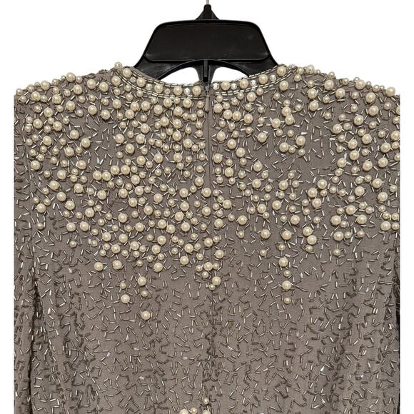 ASOS Silver Pearl Embellished Beaded Cocktail Mini Dress Long Sleeve Party 0 - Picture 4 of 8